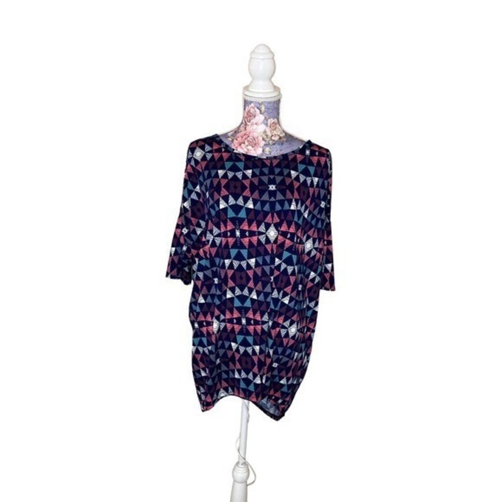 LuLaRoe Irma Tunic Top XL Blue Pink Geometric Triangle High Low Short Sleeve